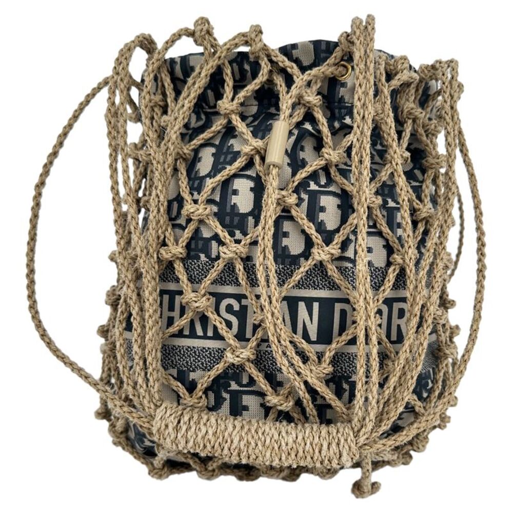 Christian Dior Blue Oblique Net Bucket Bag in Multicolor Raffia